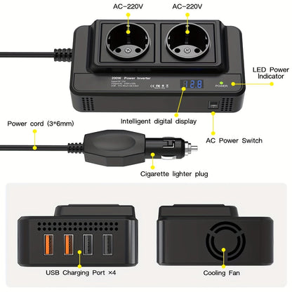 🔌 Power On the Go – Dual AC + 4 USB Car Power Inverter 200W