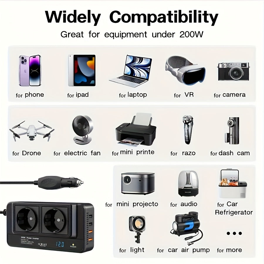 🔌 Power On the Go – Dual AC + 4 USB Car Power Inverter 200W