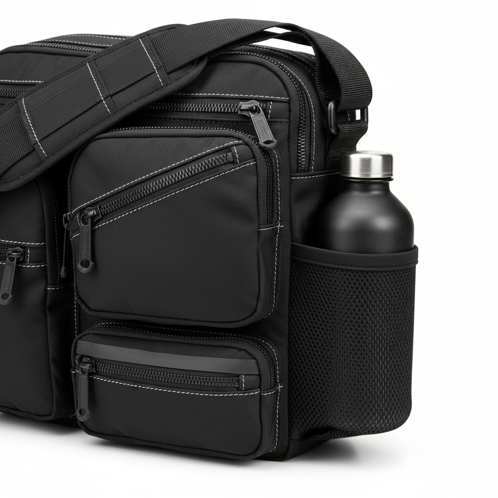 Close-up of shoulder bag pockets and details