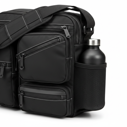 Close-up of shoulder bag pockets and details