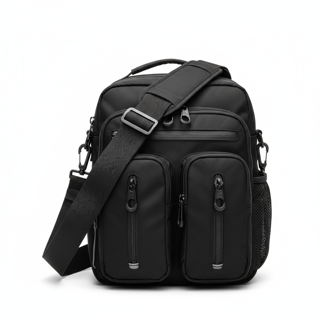 Unisex black nylon shoulder bag - front view