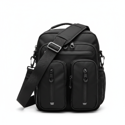 Unisex black nylon shoulder bag - front view