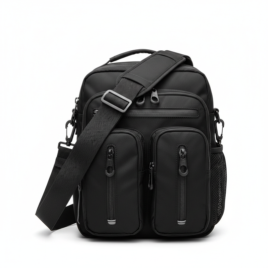 Unisex black nylon shoulder bag - front view
