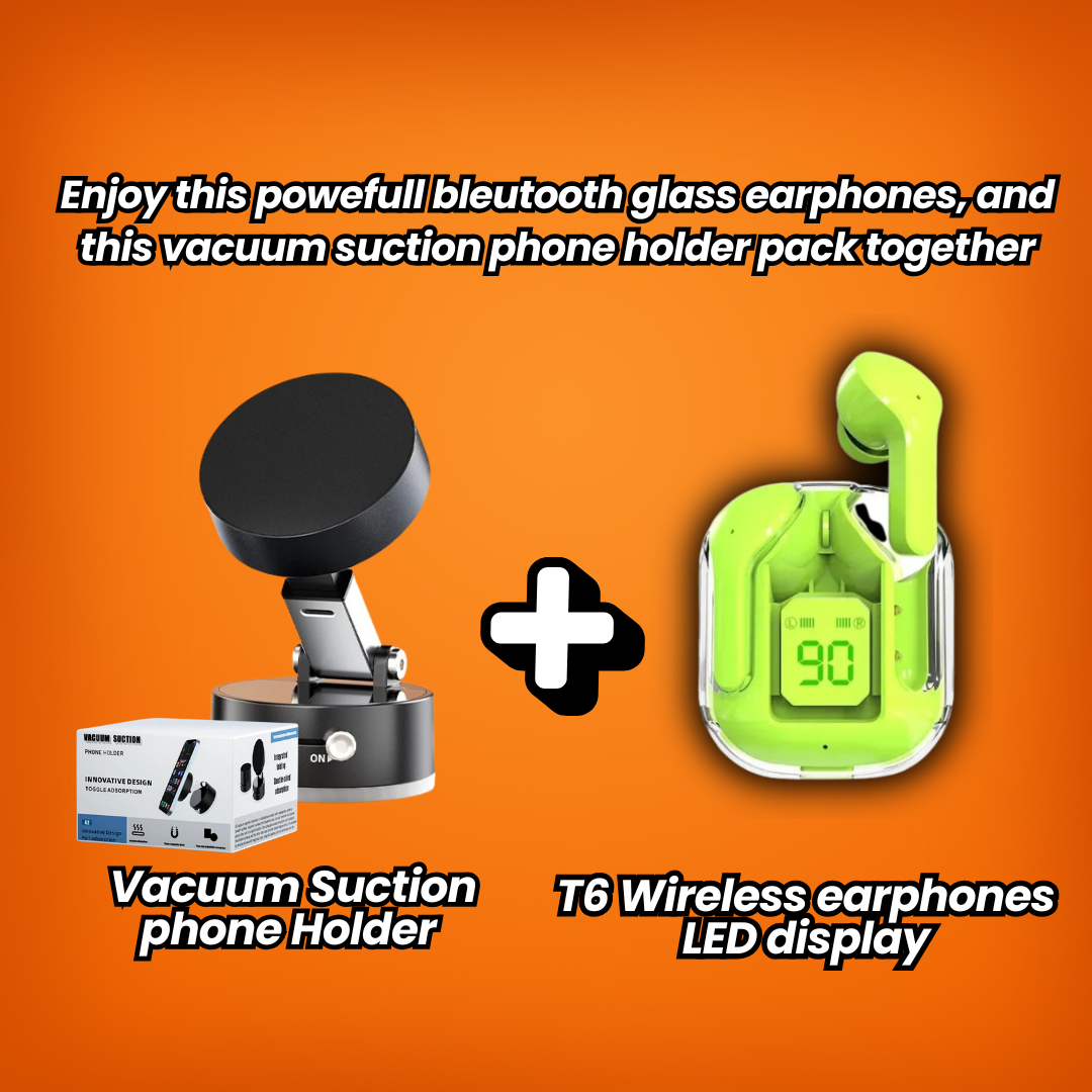 Ultimate Pack - Glass Bluetooth Earphones & Vacuum Suction Phone Holder